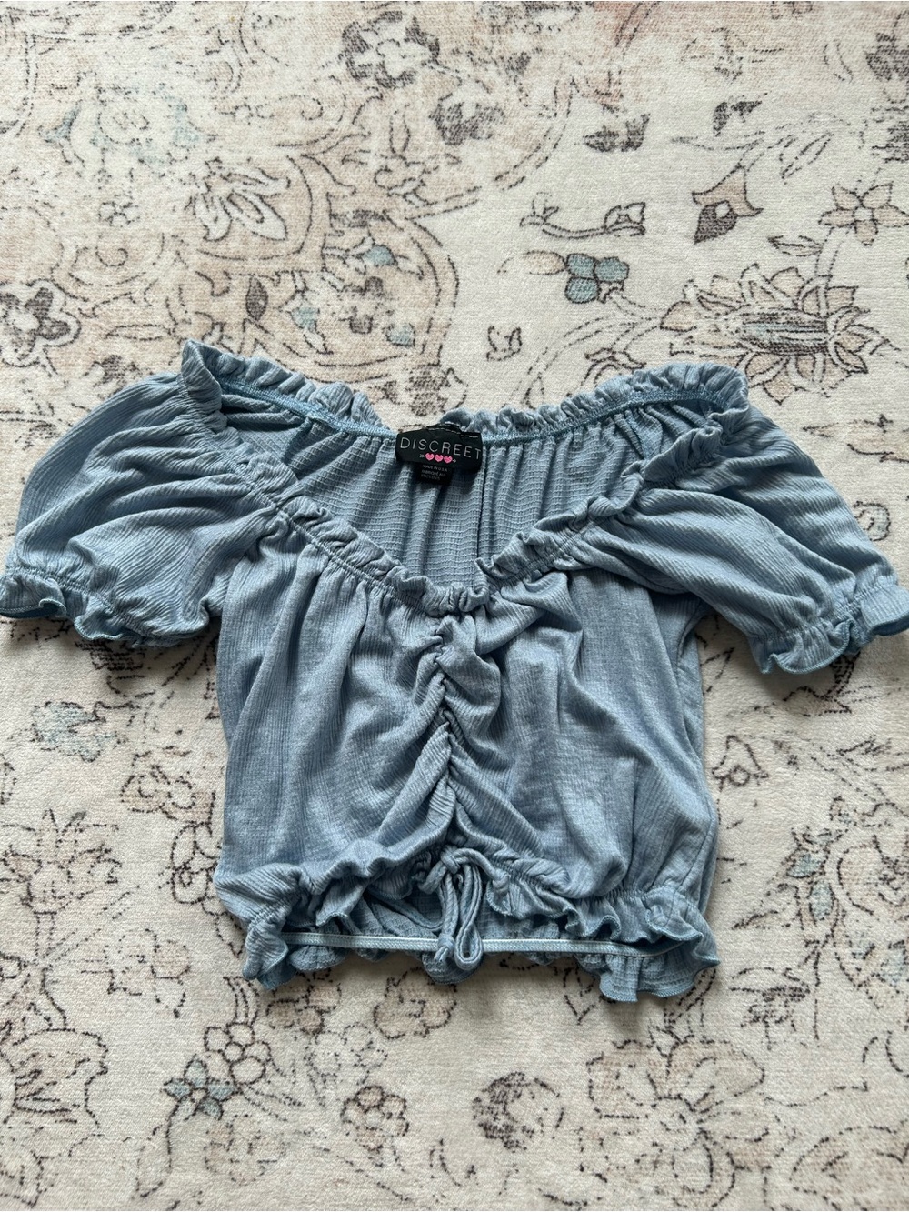 Discreet - Dusty Blue Ruched Ruffle Off The Shoulder Crop Top